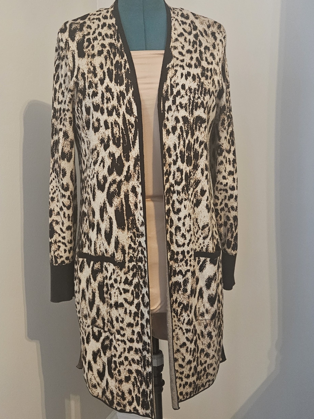 Chico's Long Open Leopard Print Cardigan - Black & Cream
